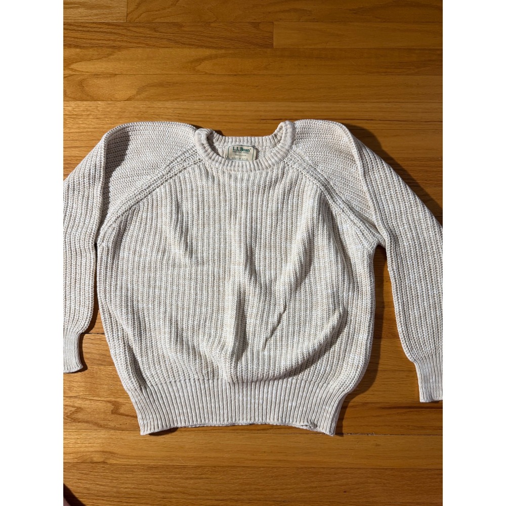 Vintage LL Bean Cotton Shaker Stitch Sweater Cream Tan Marled Made in USA